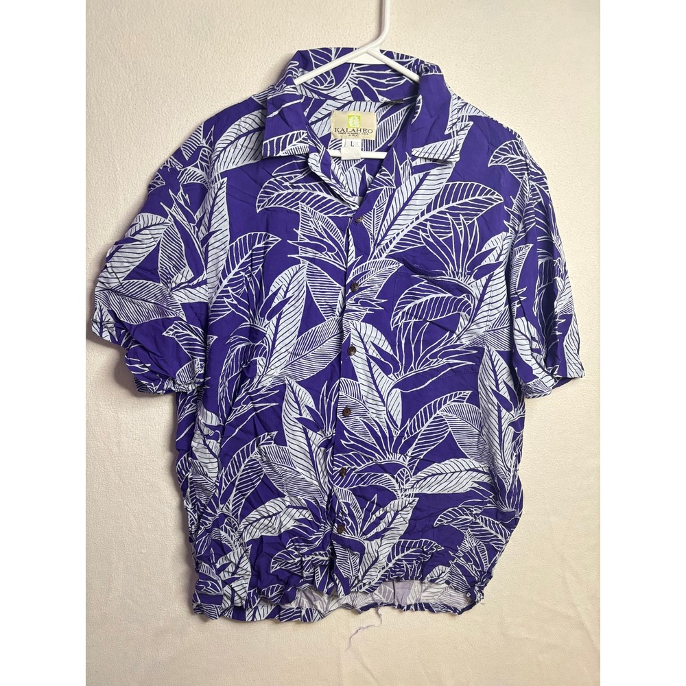 Kalaheo RJC Mens Hawaiian Aloha Shirt Large Purple White Leaf Print Made in USA
